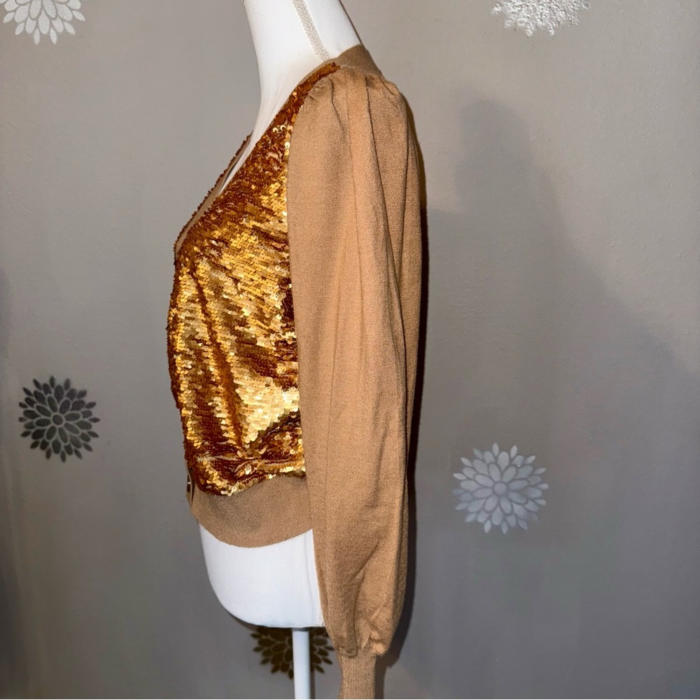 Gold Sequin Bling Glam Cardigan Sweater Holiday Party Festive Ladies Large - Picture 2 of 13
